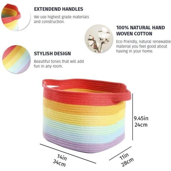 Woven Toy Basket Storage for Kids Room, Rectangular Basket for Shelves, Cotton - Picture 2 of 7